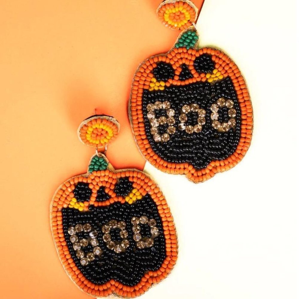 Pumpkin Seed Bead Halloween Earrings NWT - Picture 1 of 4